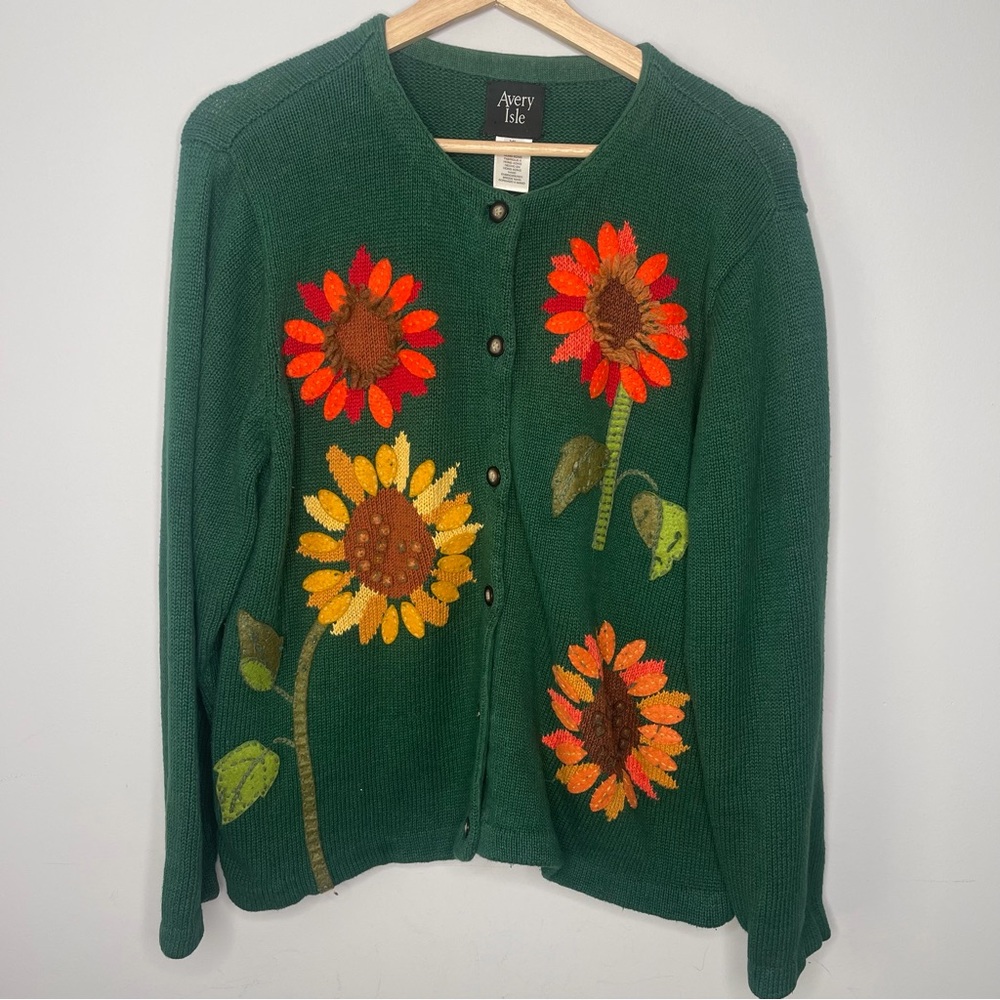 Avery Isle Green‎ Floral Women's Sweater sunflower cardigan X-Large Xl